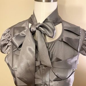 BCBGMaxAzria Silver Metallic Tie Bow Blouse